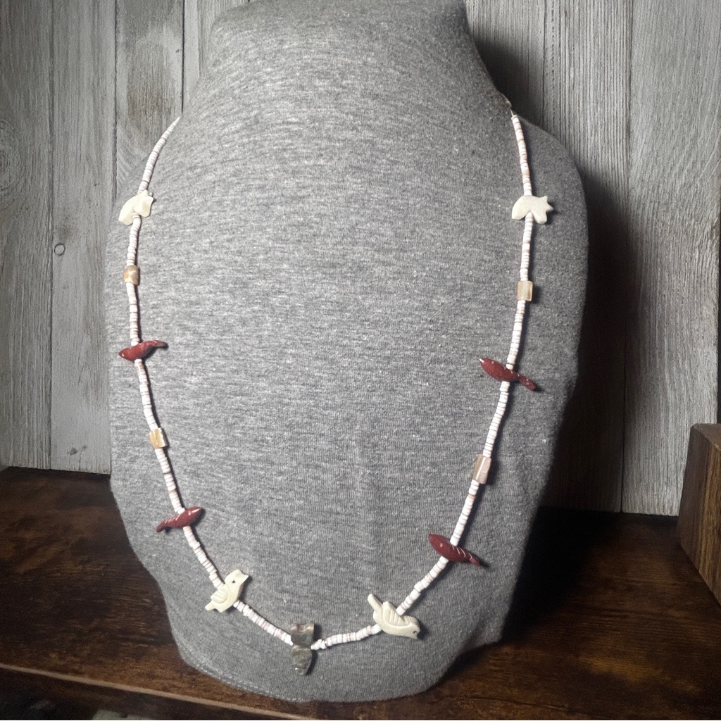 Vintage Heishi Bead Necklace - Red And Cream - Must See!